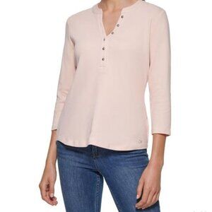 Calvin Klein 3/4 Sleeve Button Front Henley Blouse Top Blush XL NWT